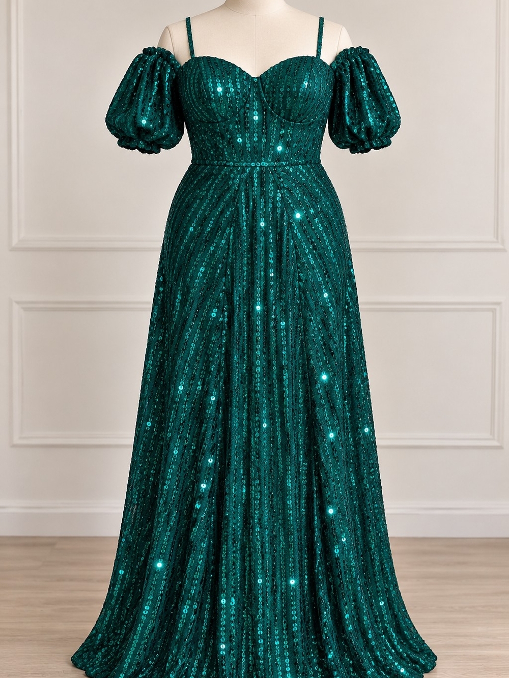 Beckyrebelly XL Emerald Green Sequin Formal Maxi Gown Puff Sleeve NWT